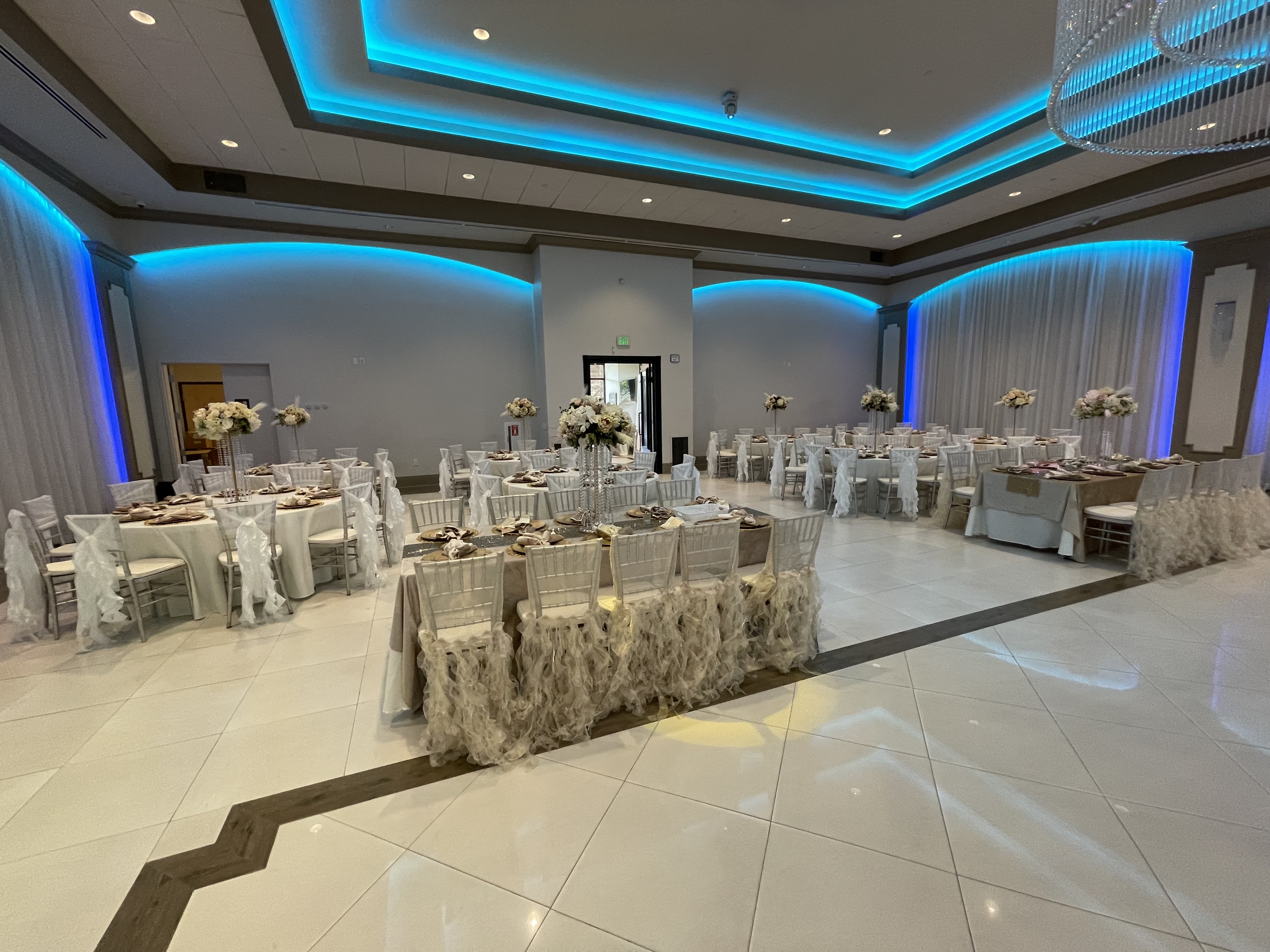 Wedding reception room and centerpieces