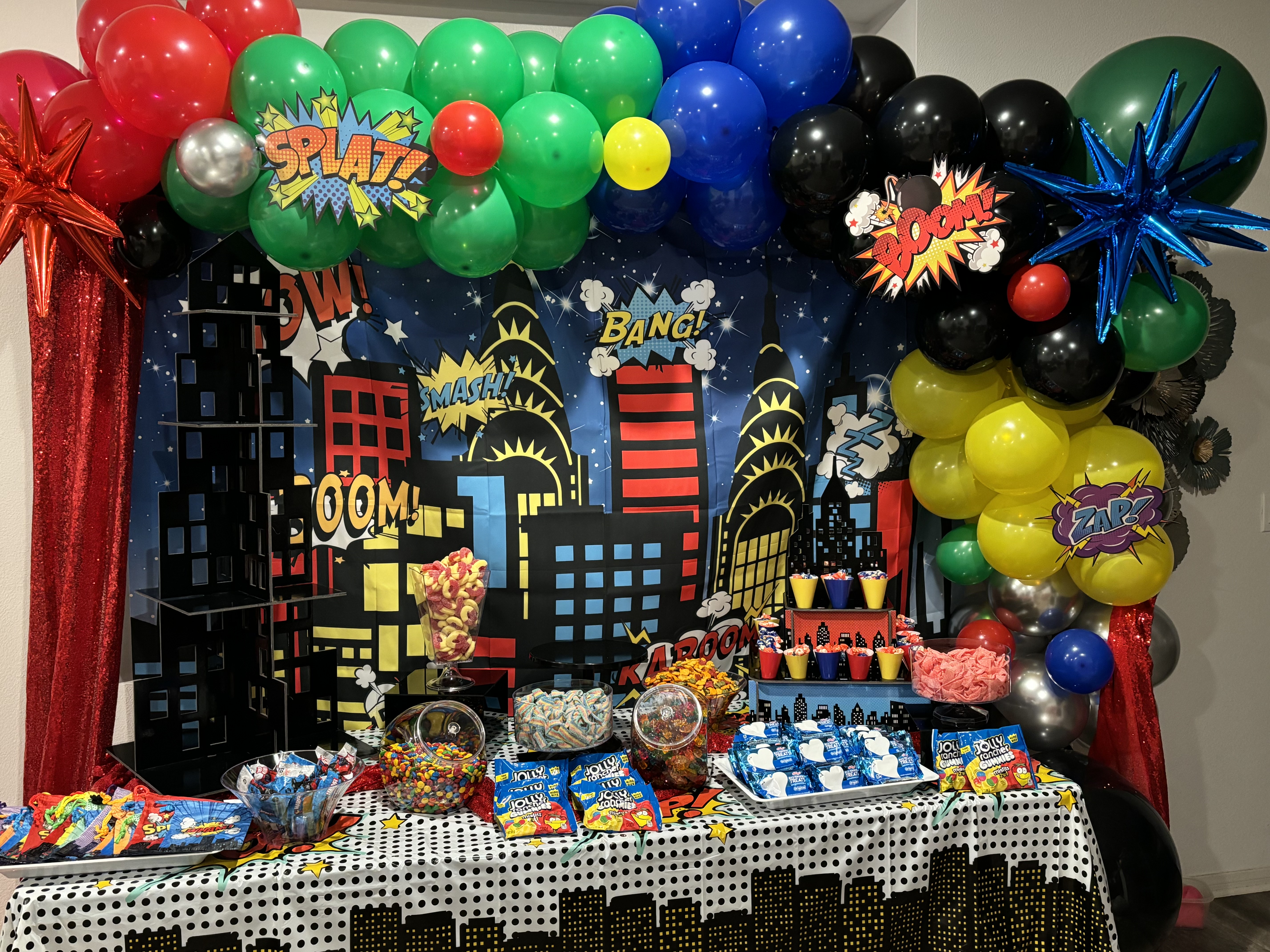Superhero birthday dessert table
